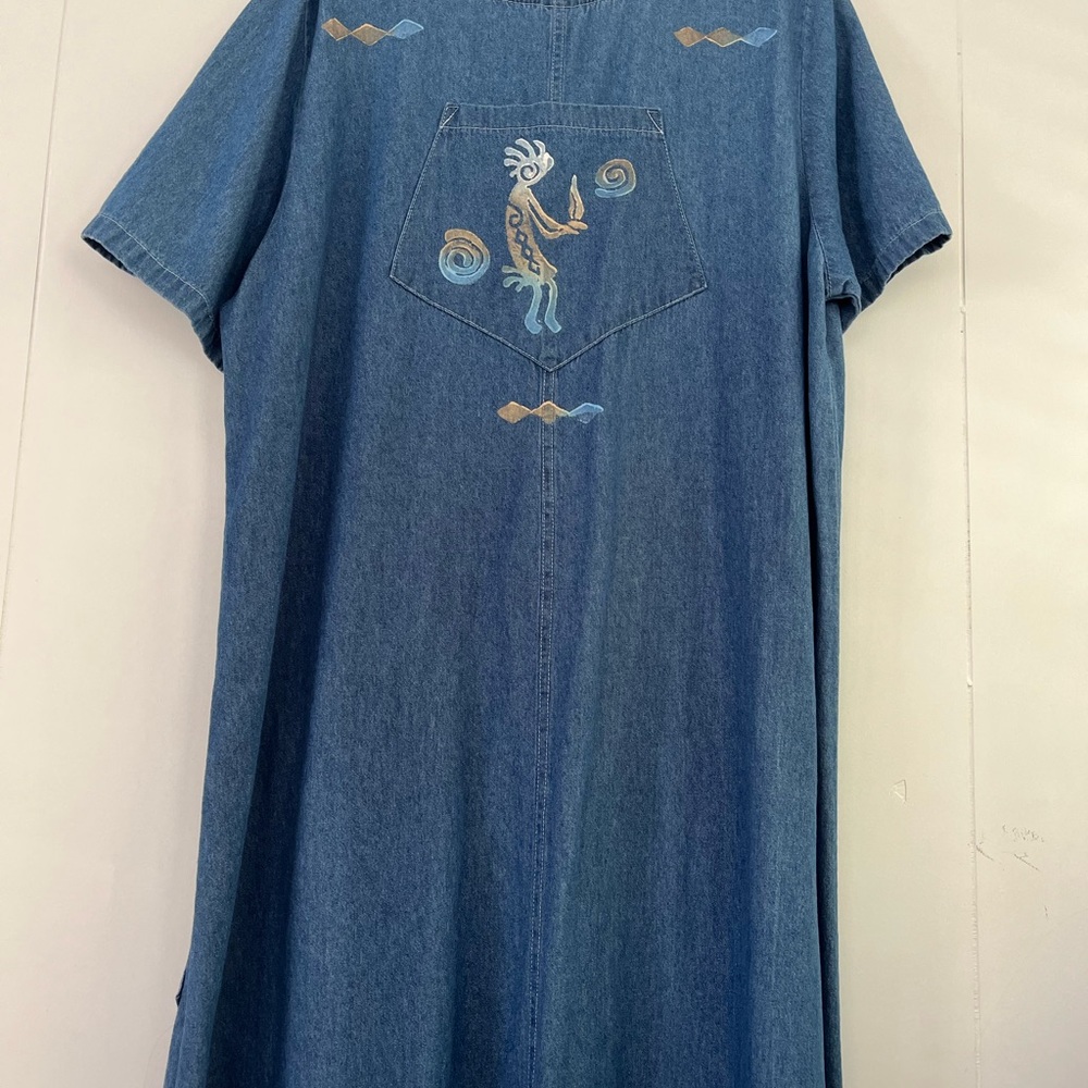 Cactus California Vintage Denim Dress Hand- Painted Kokopelli & Cactus Sz Large - Picture 11 of 16